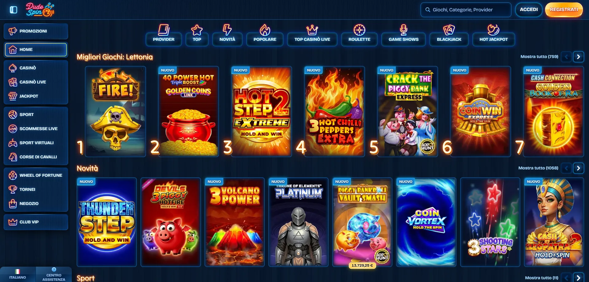 Catalogo giochi Dudespin Casino online con slot e tavoli live